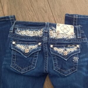 Miss Me Dark Blue Boot Cut Jeans with Silver Embellishments